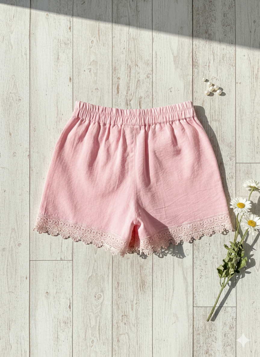 Girls Flamingo Pink Lace Embellished Regular Fit Shorts