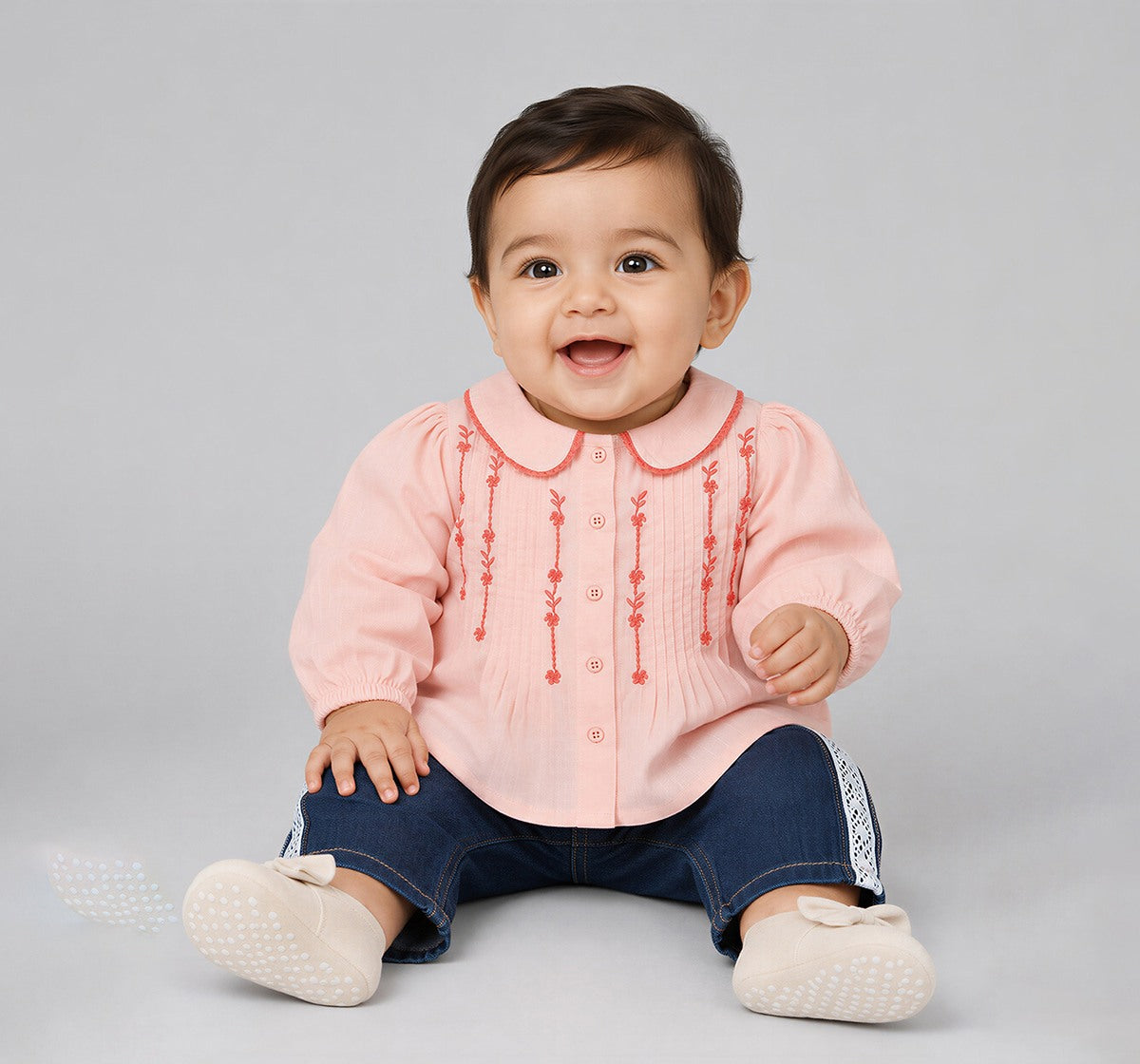Top with Embroidery & Pintucks Detail Peach