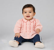 Top with Embroidery & Pintucks Detail Peach