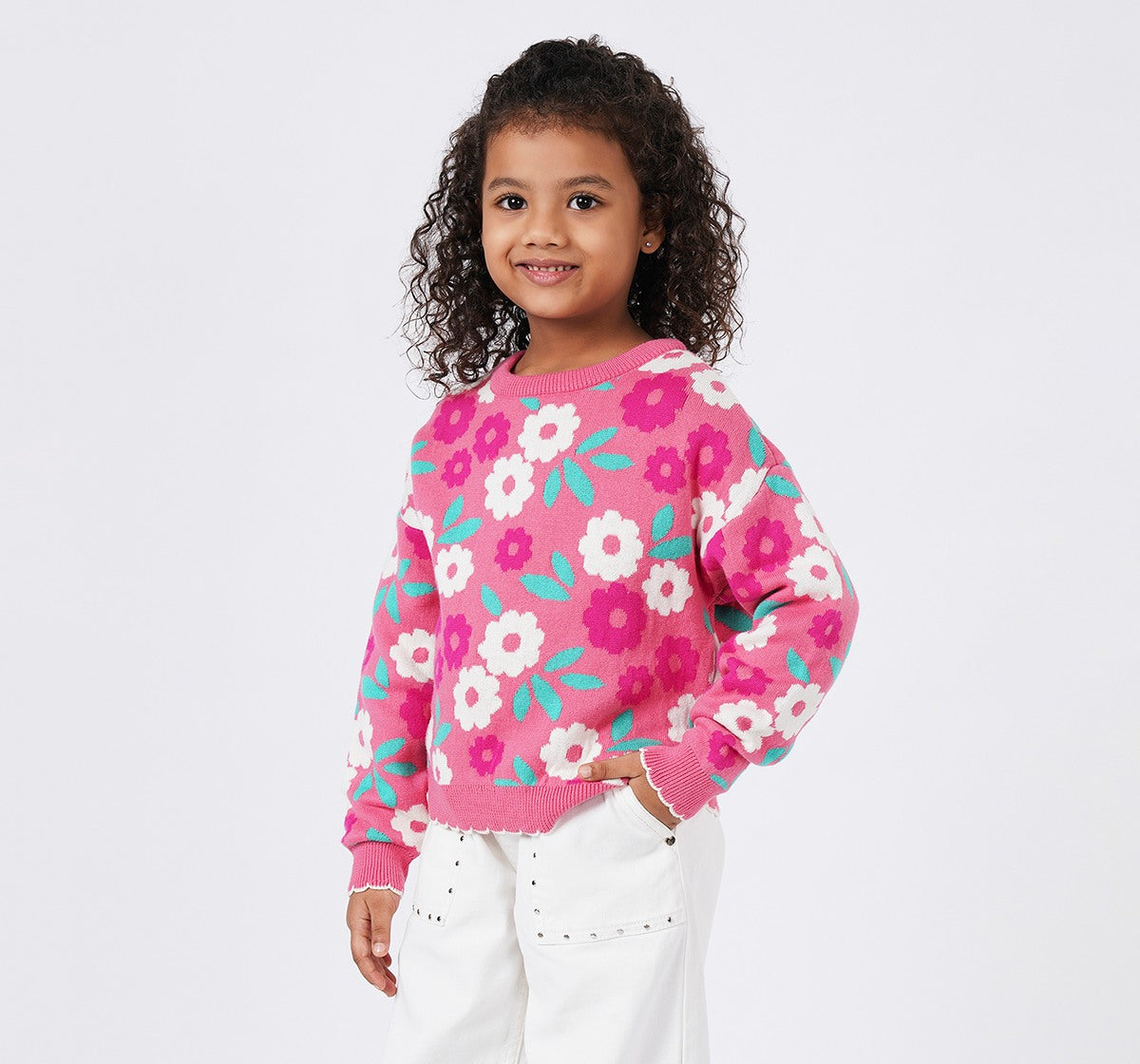 Floral Sweater with Scalloped Hem Multicolor