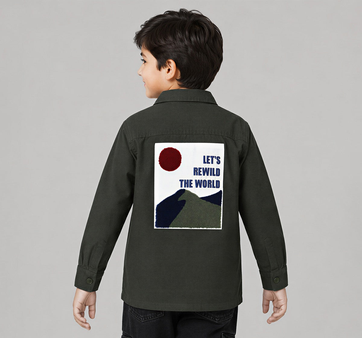Full Sleeves Hooded Shacket Withapplique Green