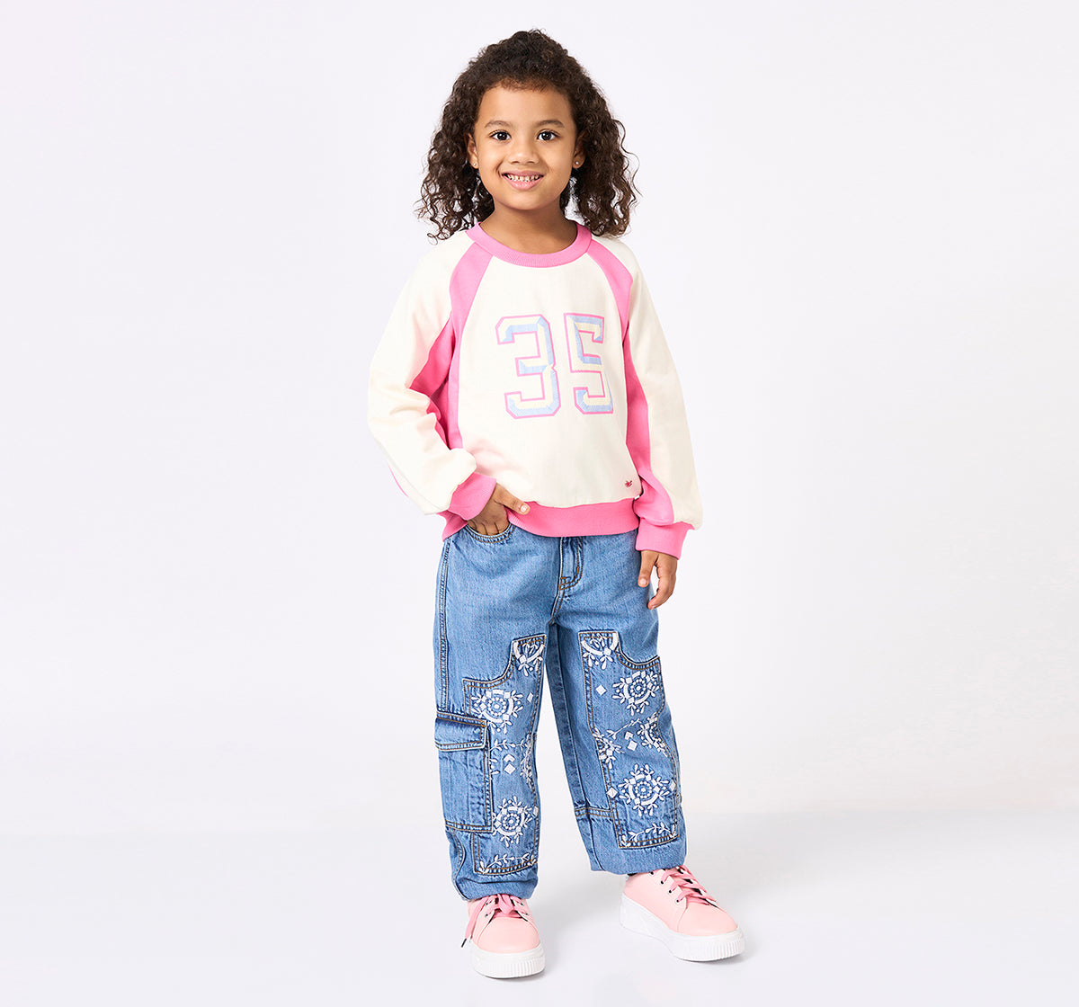 Girls Pink Colour Block Graphic Raglan Sweatshirt