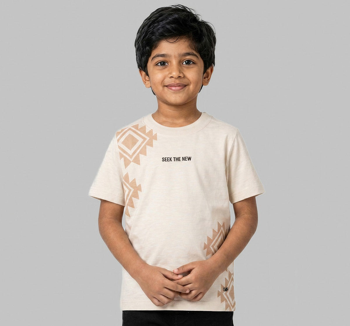 Crew Neck T-Shirt W/ Print & Applique Beige Half