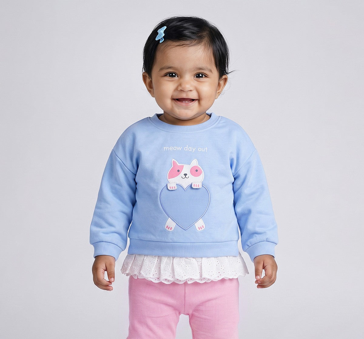 Sweatshirt with Schiffli Mock Layer Blue