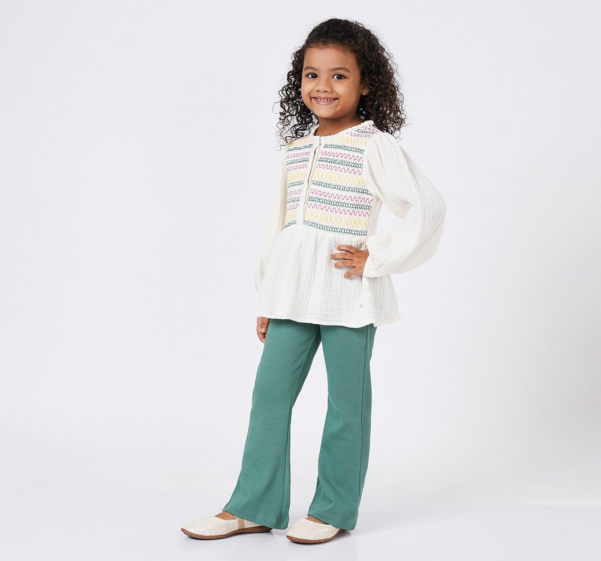 Woven Set with Smocking and Embroidery Green
