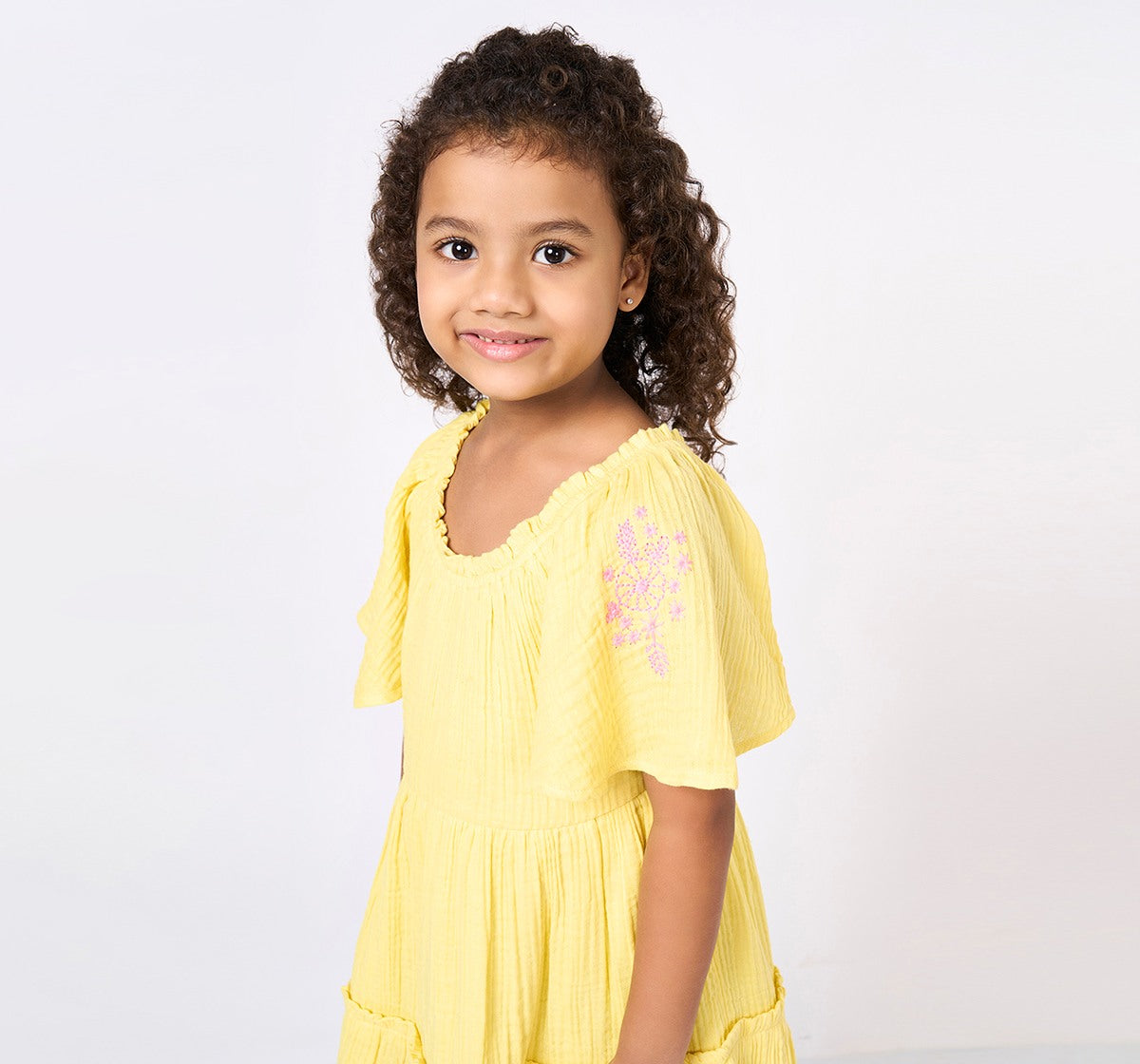 Girls Yellow Cotton Embroidered Tiered Dress