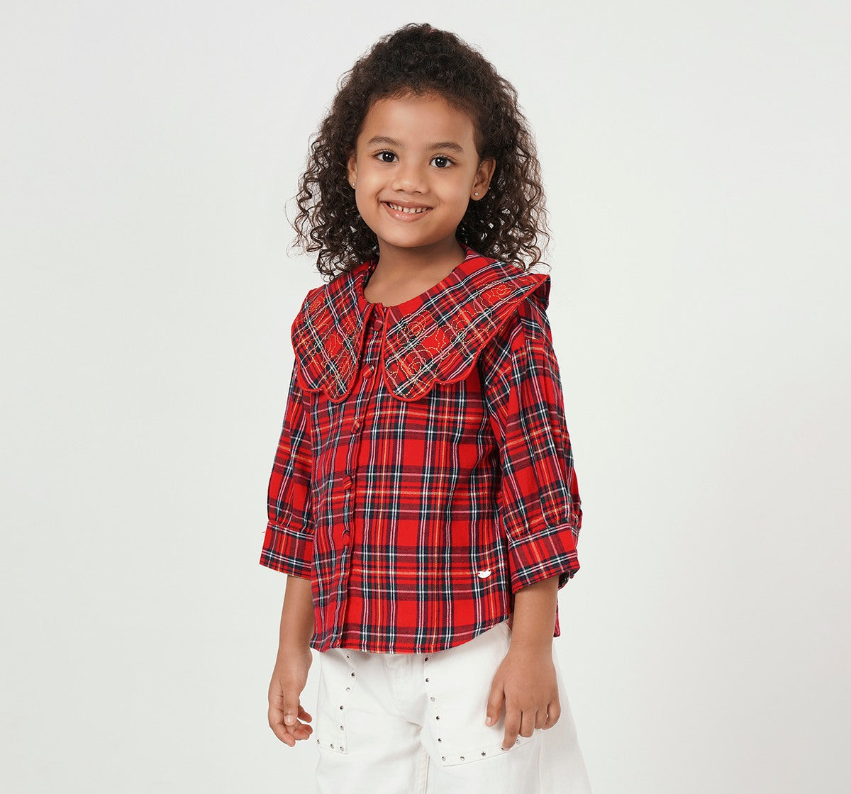 Check Plaid Top with Embroidery Collar Red