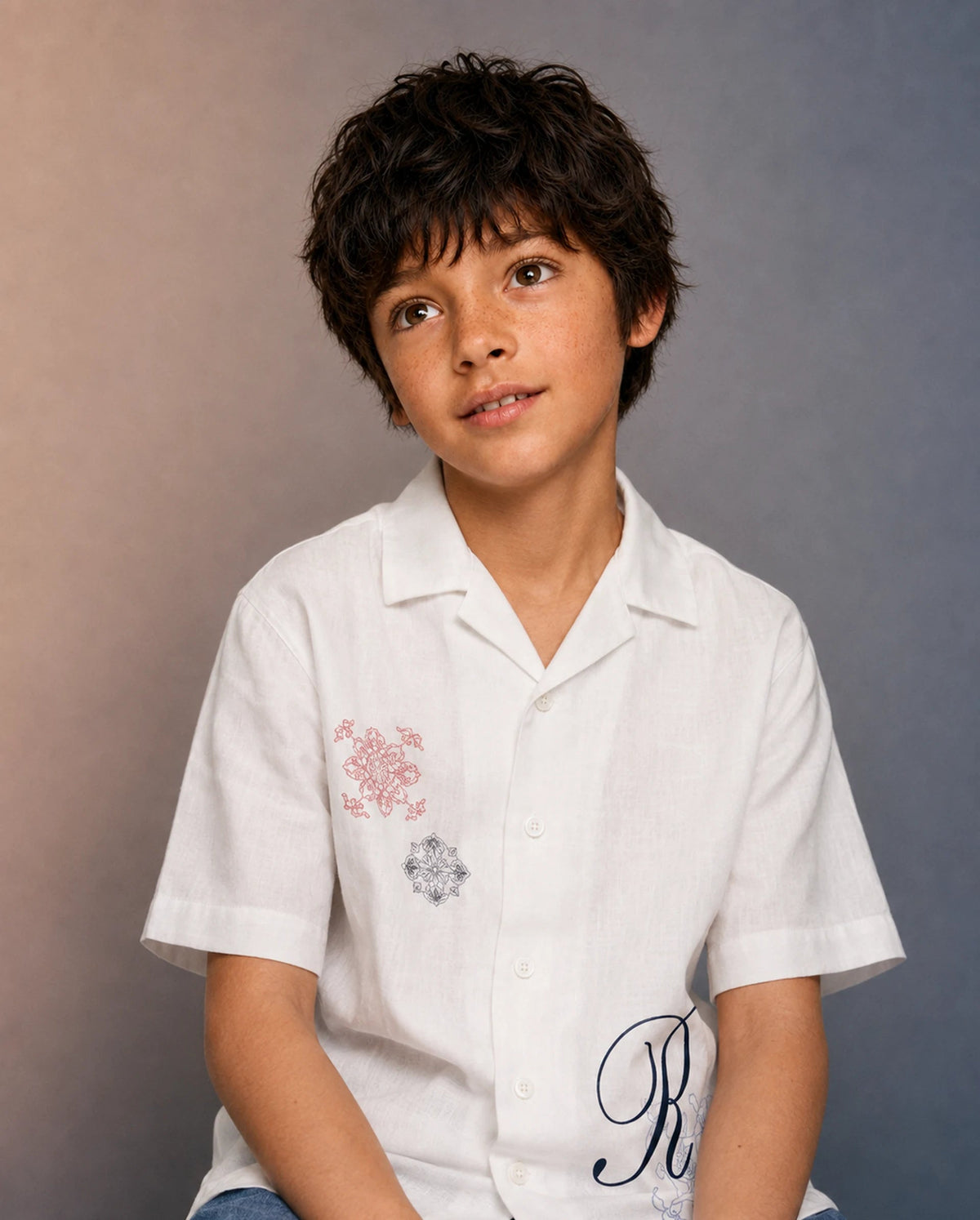 Boys White Regular-Fit Half-Sleeve Embroidered Cotton Resort Shirt