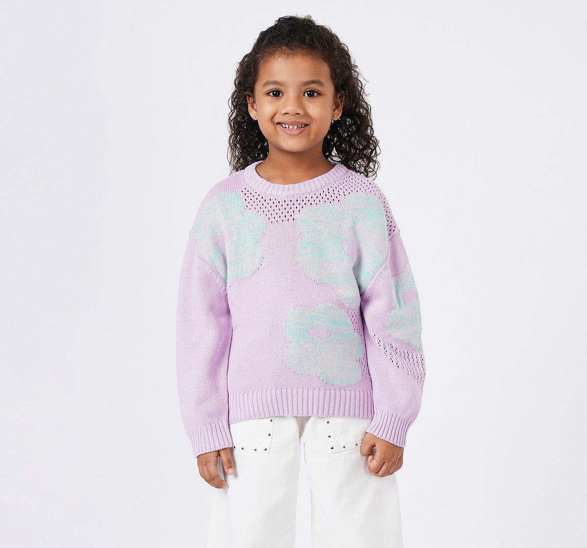 Sweater with Flower Motif & Mesh Detail Lilac