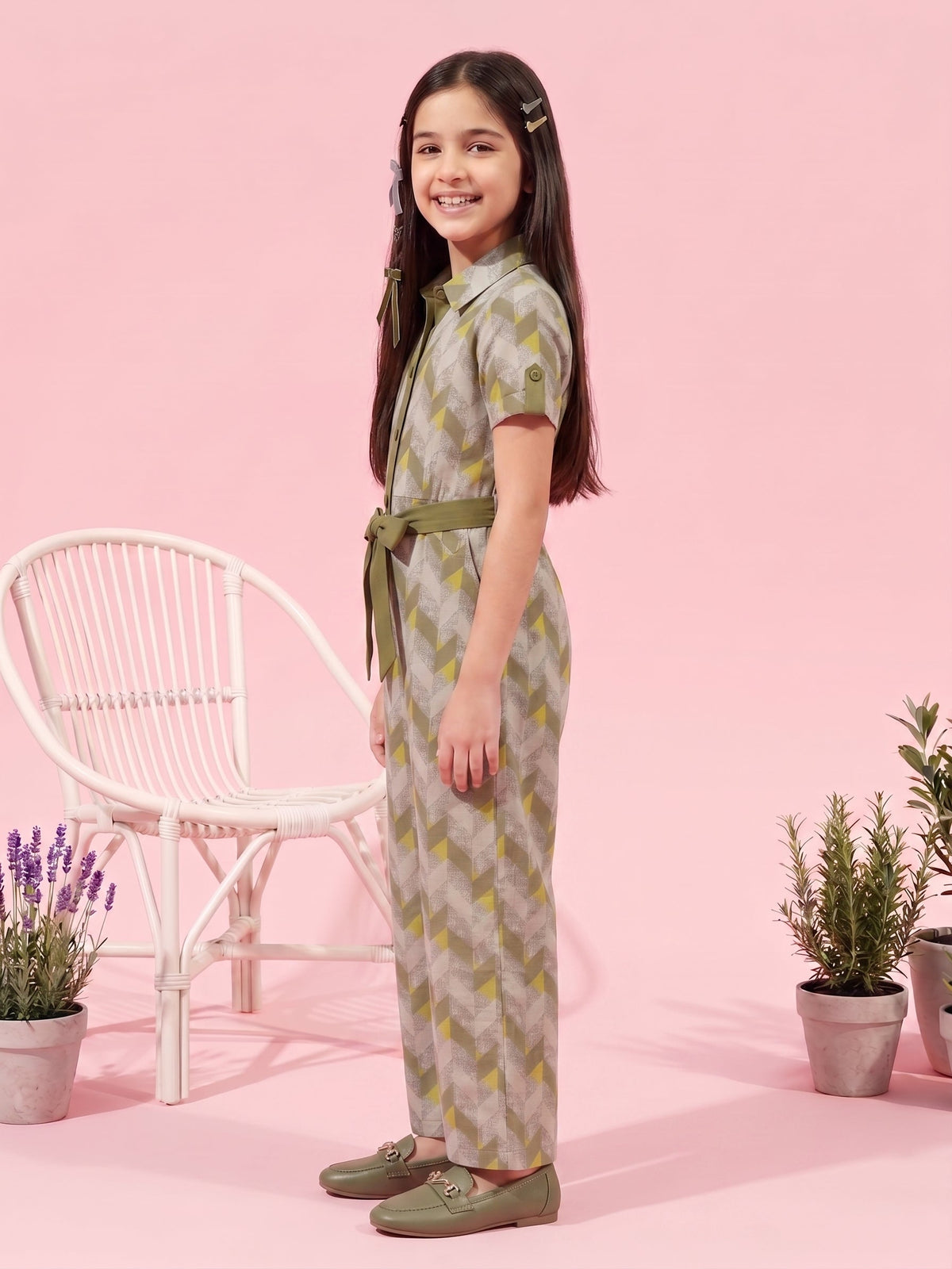 Girls Olive Green Geometric Print Jumpsuit with Belt