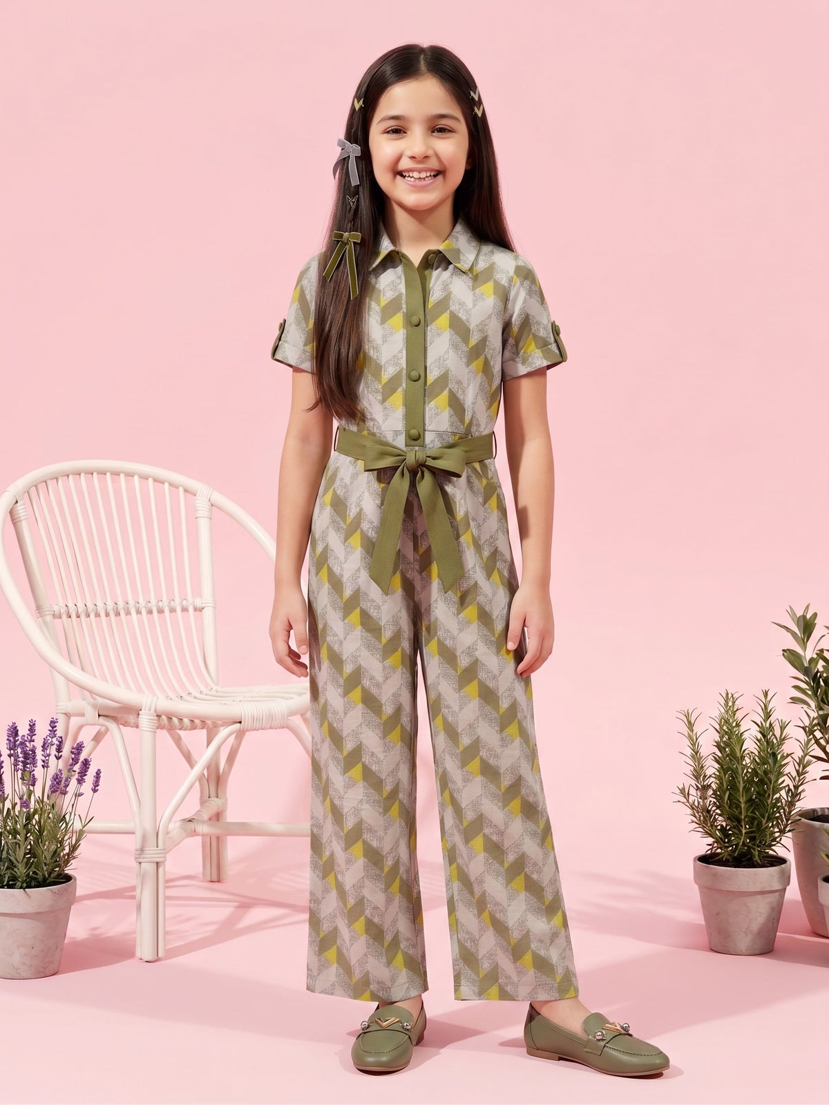 Girls Olive Green Geometric Print Jumpsuit with Belt