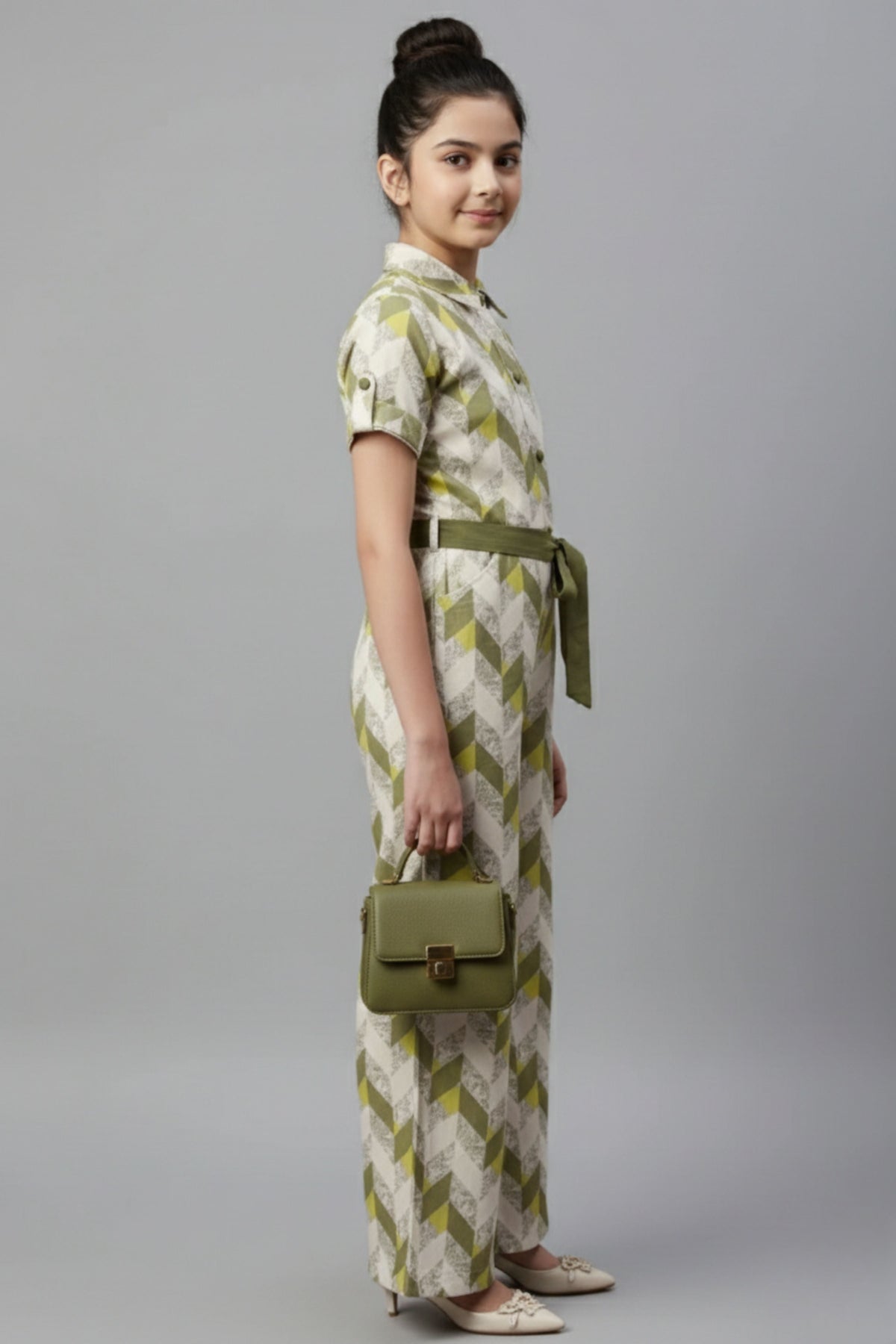 Girls Olive Green Geometric Print Jumpsuit with Belt