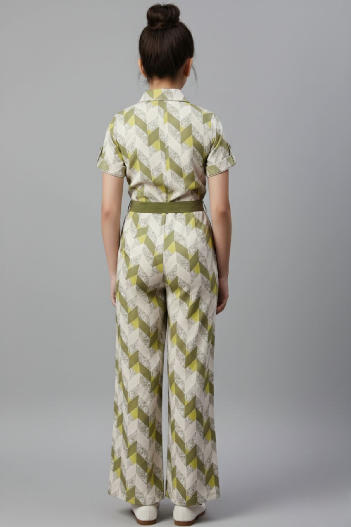 Girls Olive Green Geometric Print Jumpsuit with Belt