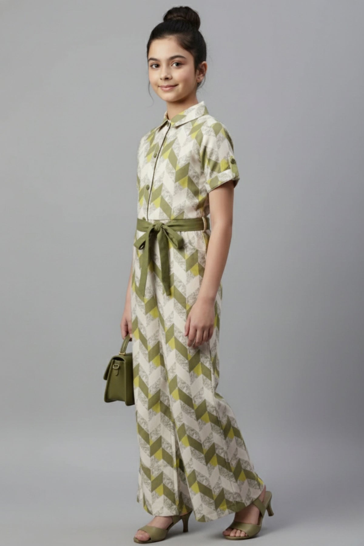 Girls Olive Green Geometric Print Jumpsuit with Belt