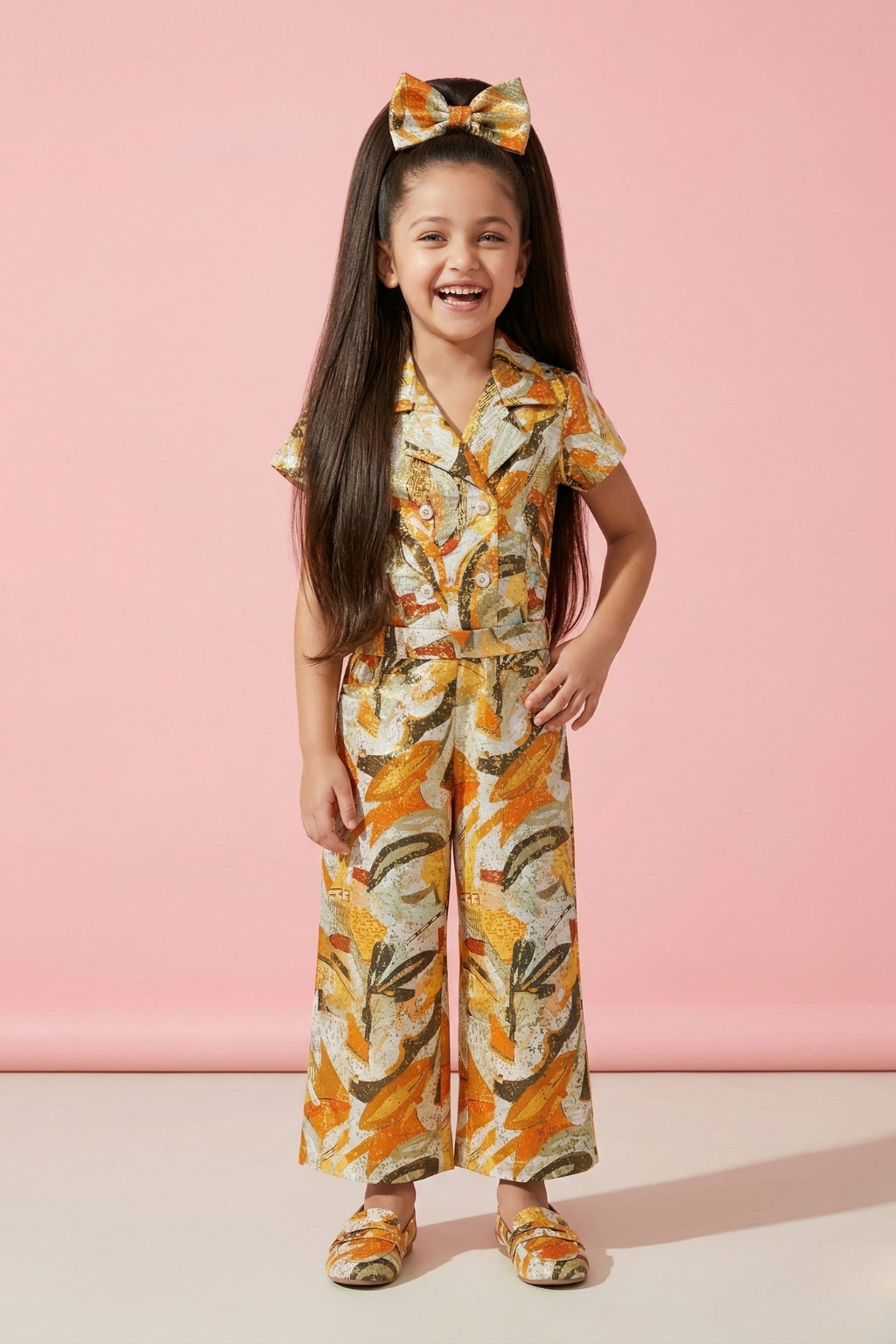 Girls Mustard Abstract Print Jumpsuit with Belt