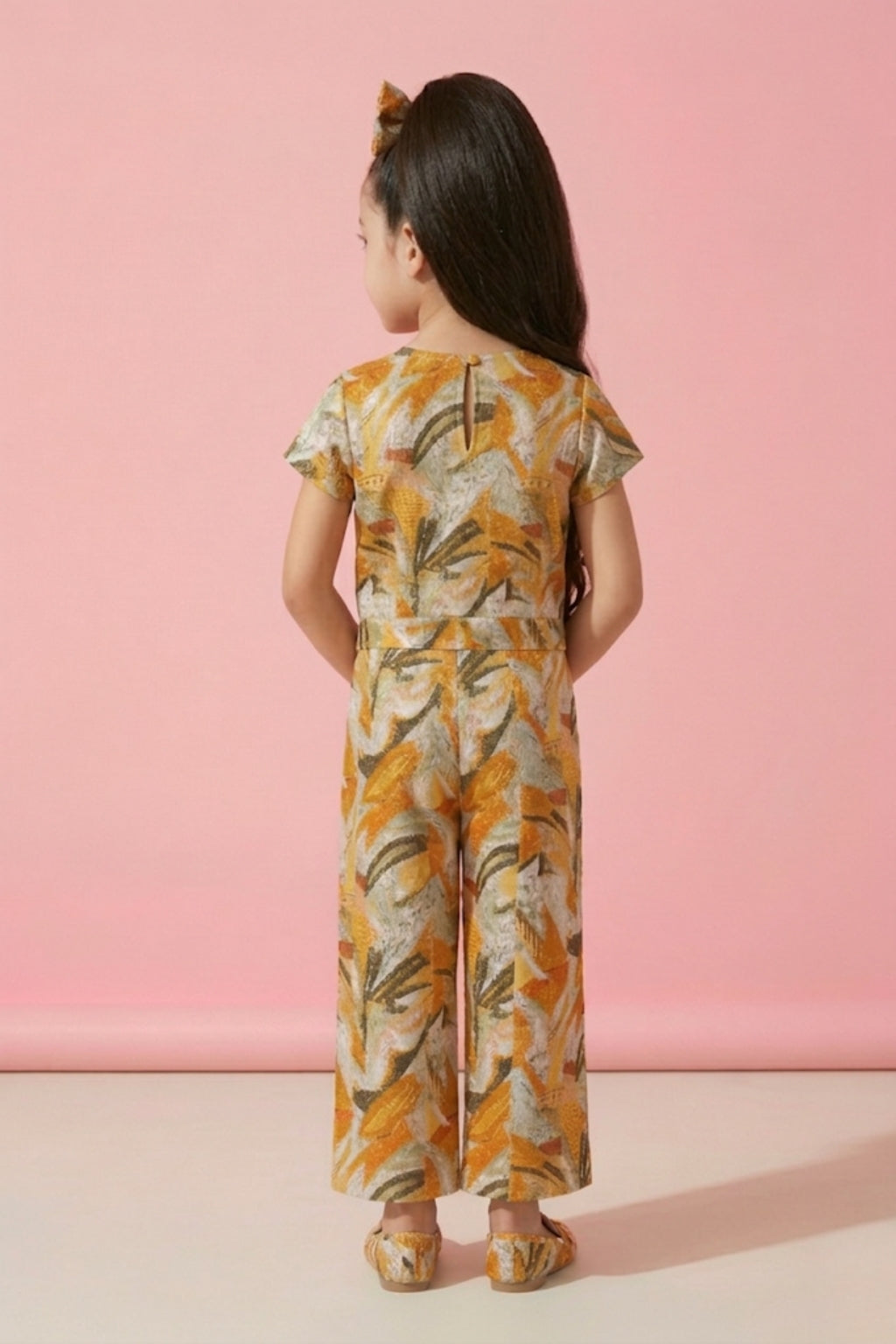 Girls Mustard Abstract Print Jumpsuit with Belt
