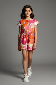 Girls Pink Printed Cap Sleeve Jumpsuit
