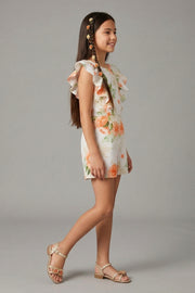 Girls Orange Printed Schiffli Sleeveless Cotton Jumpsuit