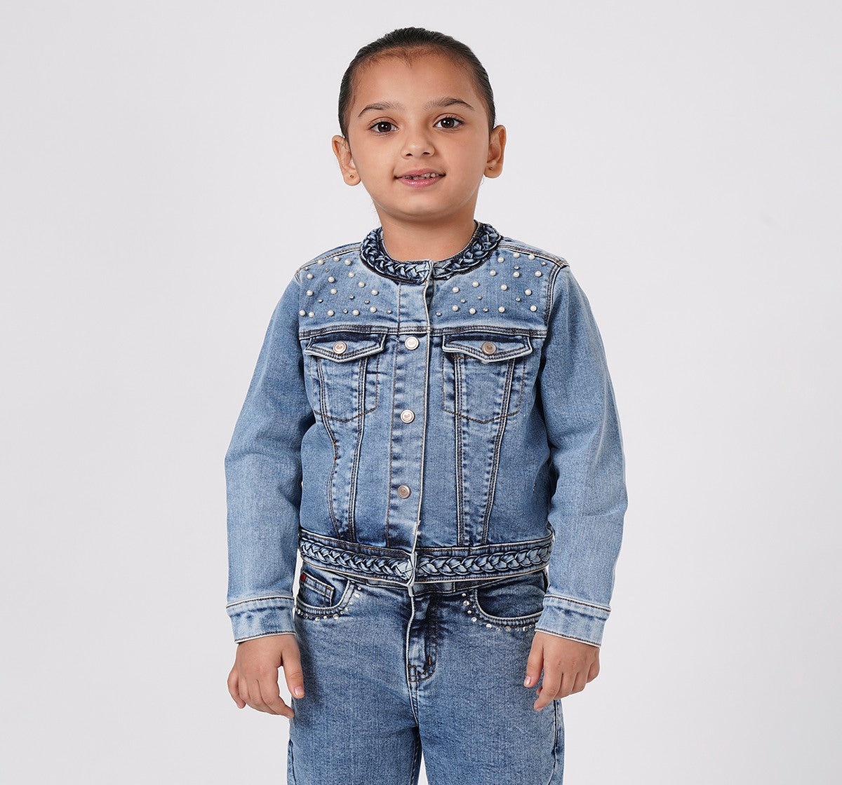 Waist Length Studed Denim Jacket Blue