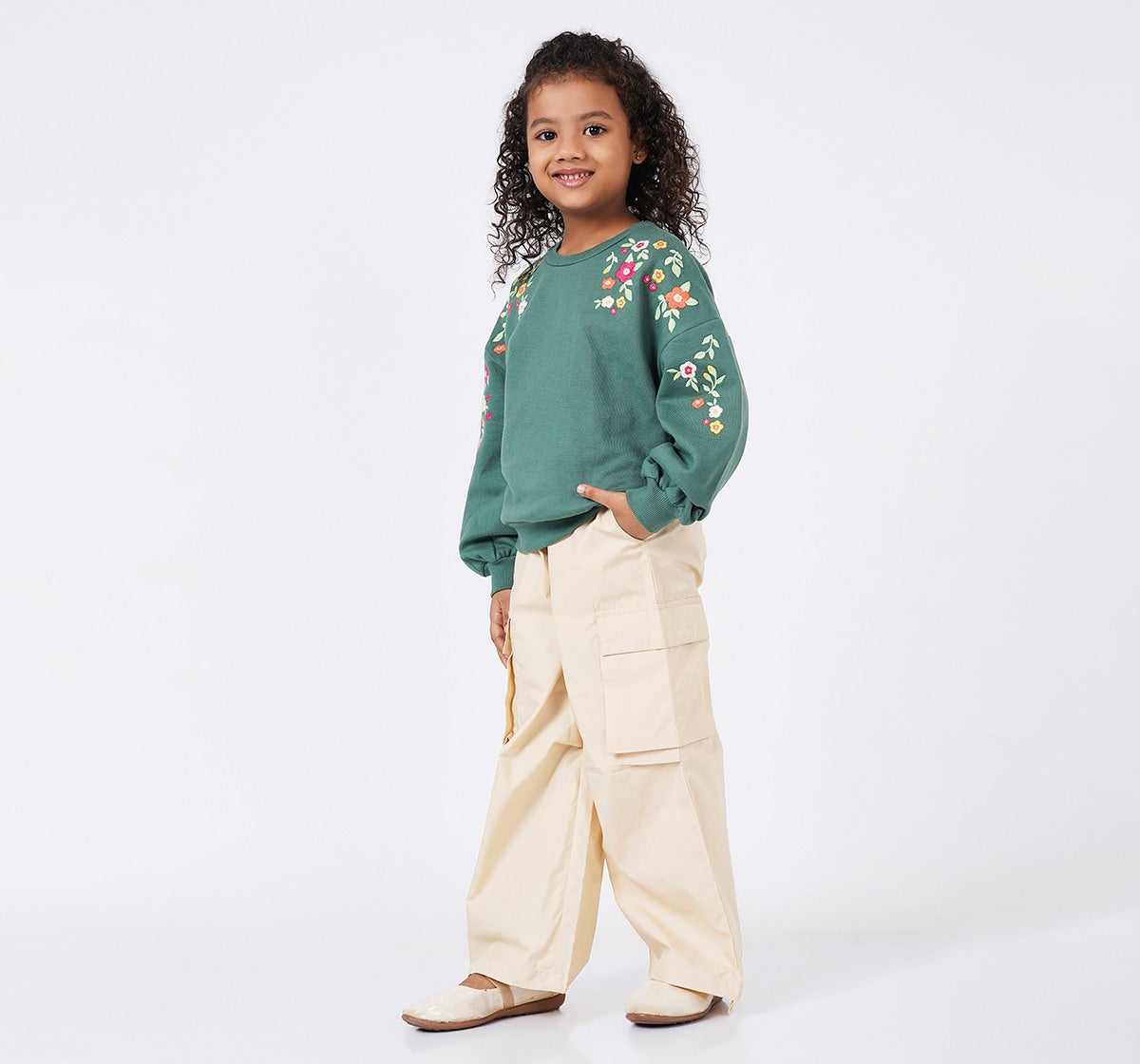 Girls Beige Cotton Poplin Wide Leg Cargo Trousers