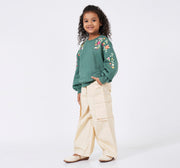 Girls Beige Cotton Poplin Wide Leg Cargo Trousers