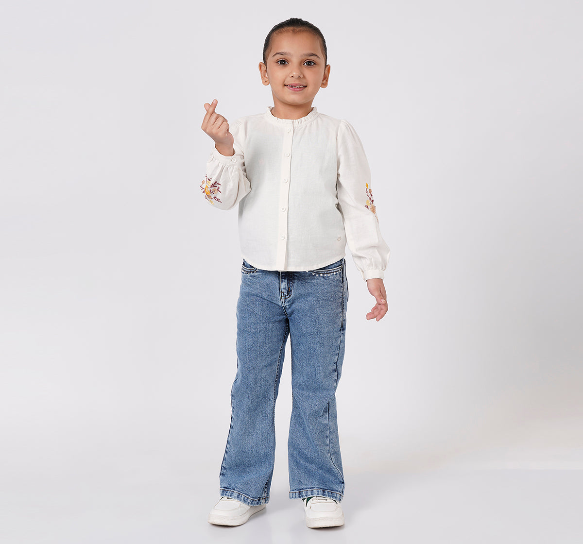 Girls Off White Cotton Embroidered Sleeve Mandarin Collar Top