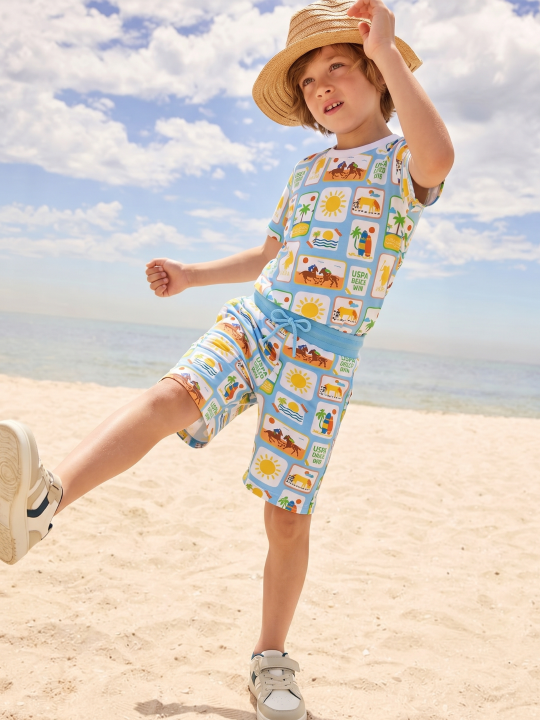 Boys Light Blue Cotton All Over Graphic Regular Fit T-Shirt