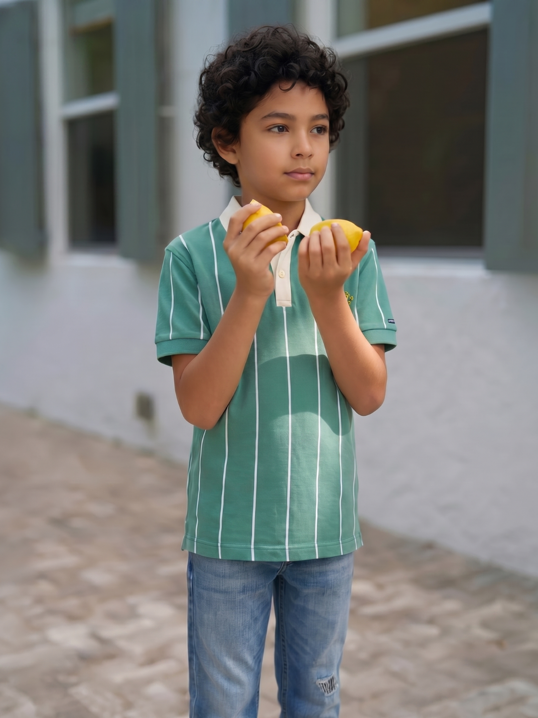 Boys Green Striped Polo Knit T-Shirt