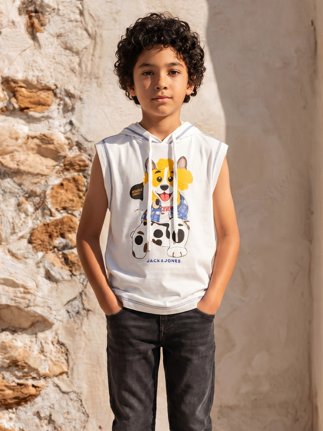 Boys White Printed Sleeveless Cotton T-Shirt