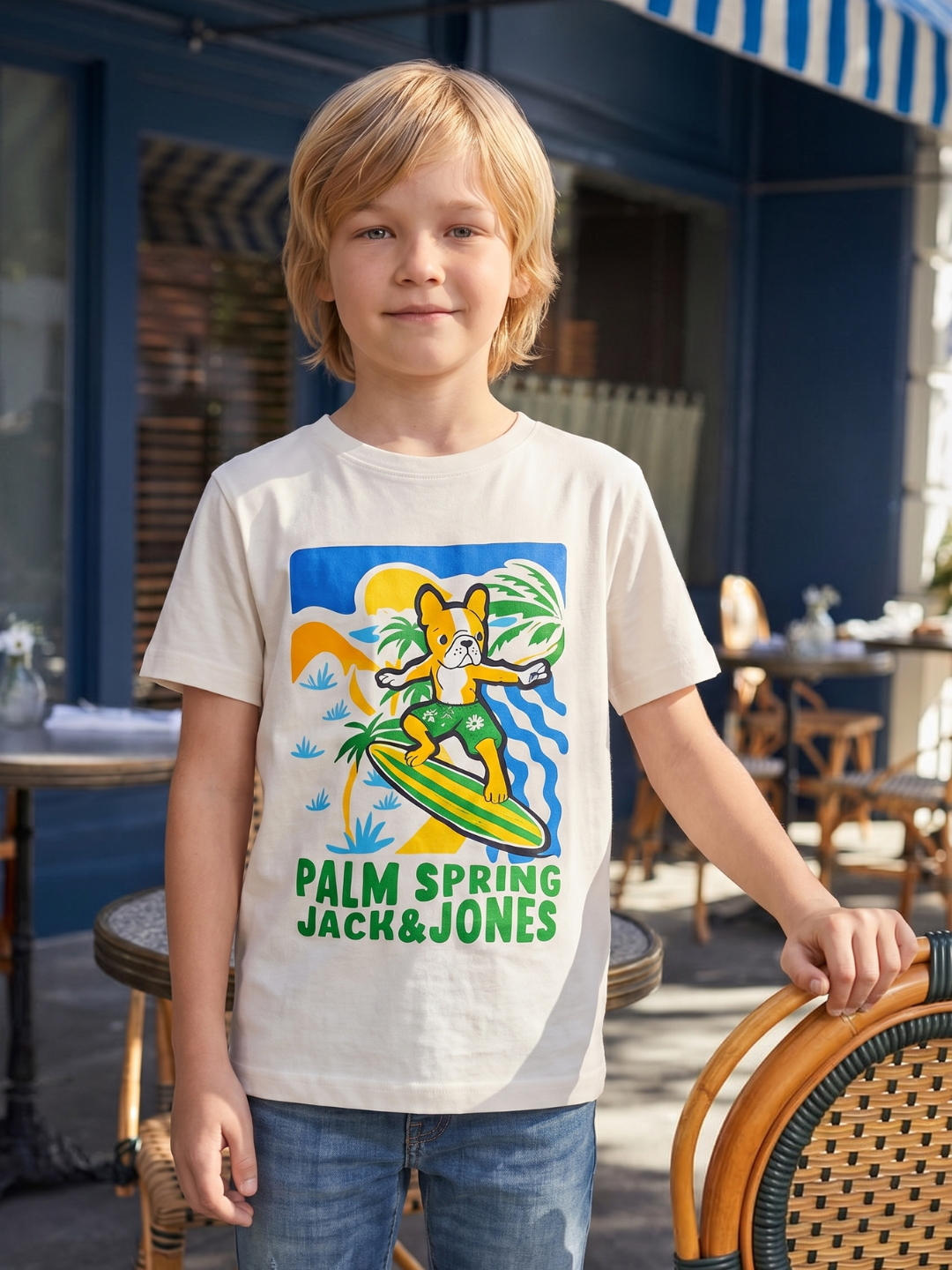 Boys White Printed Cotton Crew Neck T-Shirt