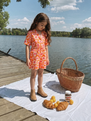 Girls Orange Rust Floral Printed Cotton V-Neck Playsuit with Waist Tie