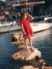 Girls Red Cotton Solid Skater Polo Knit Dress