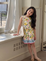 Girls Vibrant Yellow Lemon Floral Cotton Fit and Flare Dress