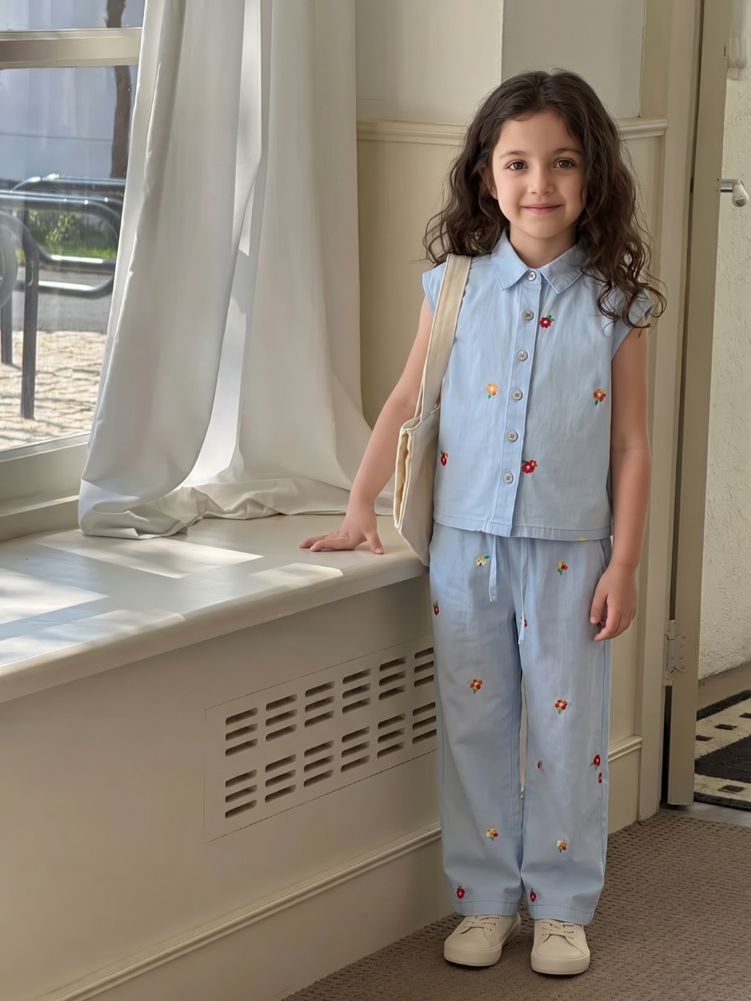 Girls Light Blue Embroidered Denim Top