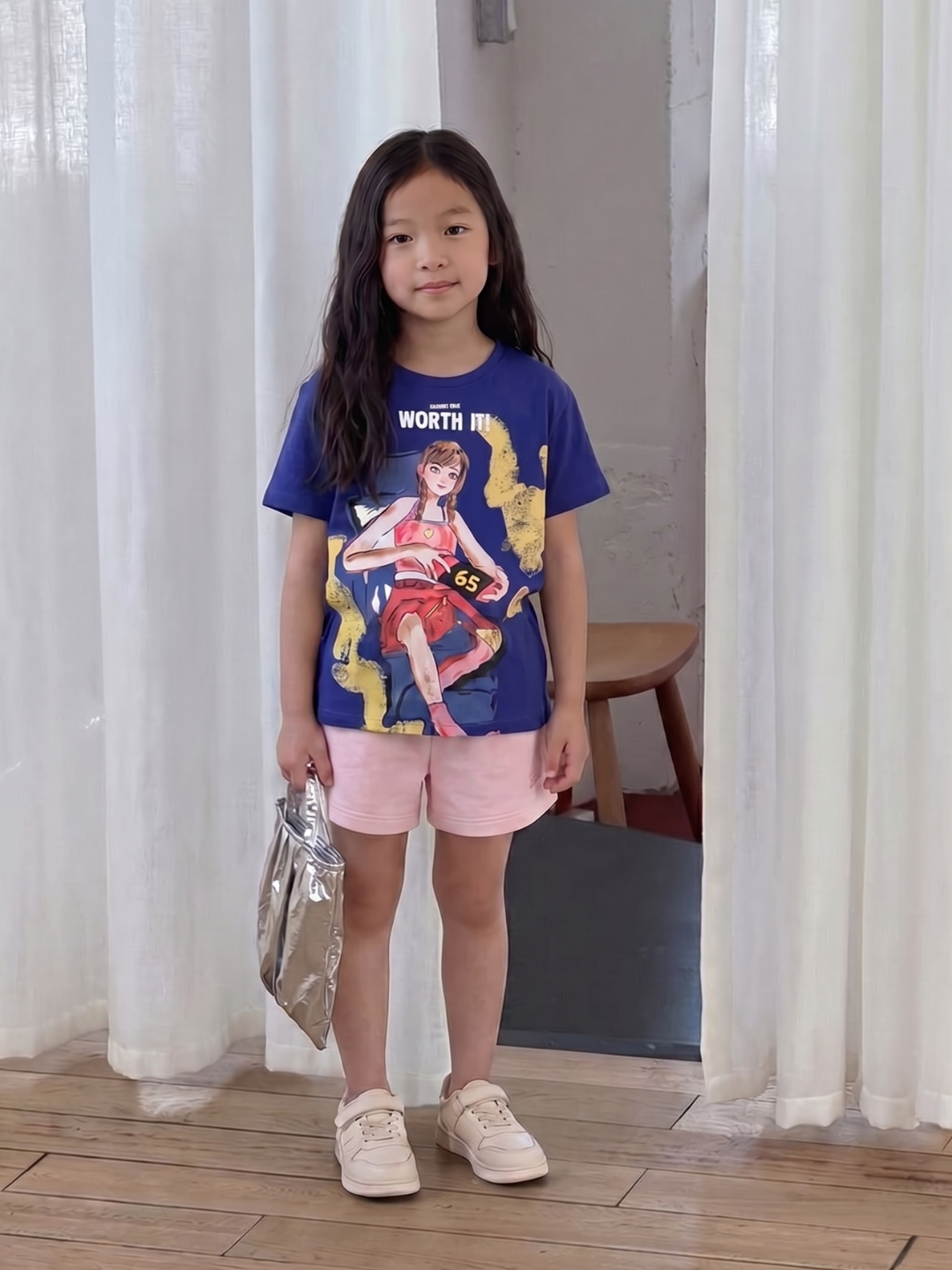 Girls Web Blue Cotton Longline Graphic Casual T-Shirt