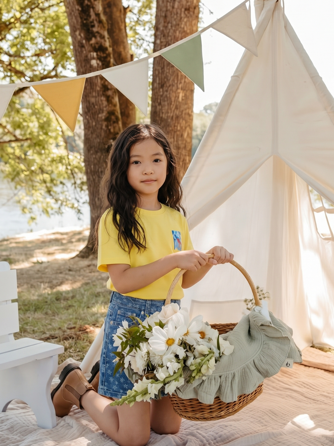 Girls Yellow Floral Print Cotton Longline Tee