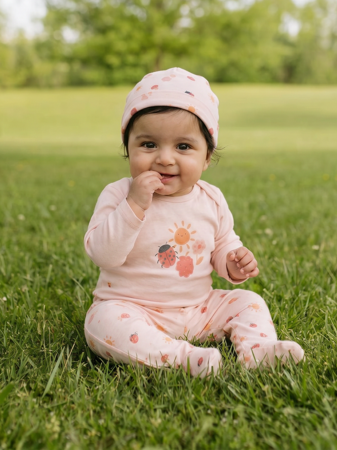 Girls Light Pink Strawberry Print Cotton Regular Fit 3-Piece Set