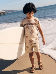 Boys Beige Palm Tree Printed Cotton Shorts