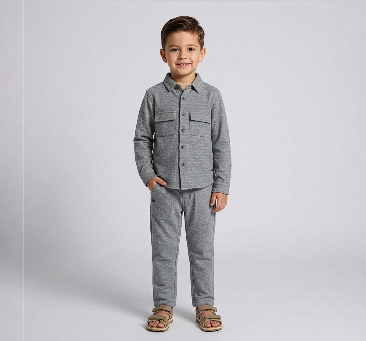 Boys Grey Melange Knit Shirt and Jogger Co-ord Set