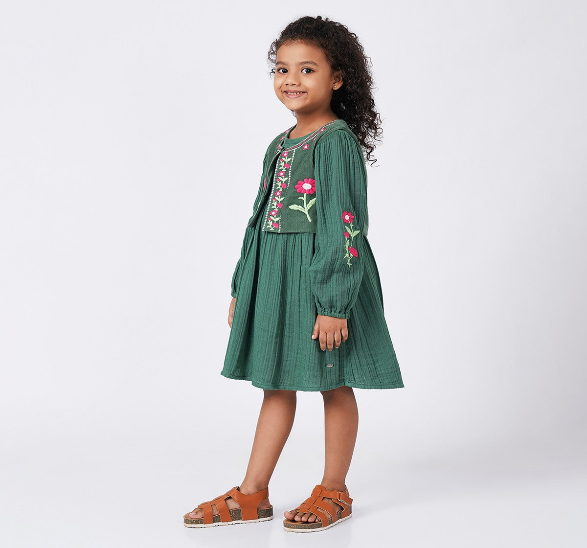 Embroidered Dress with Sleeveless Jacket Green
