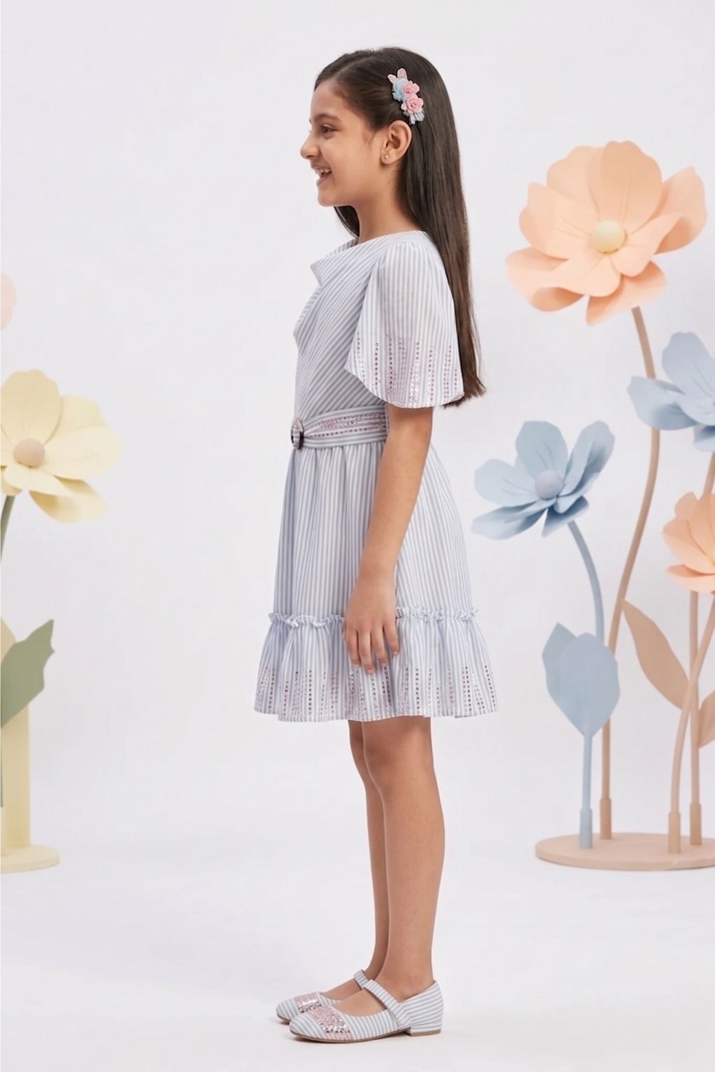 Girls Blue Stripe Fit & Flare Dress with Flutter Sleeves