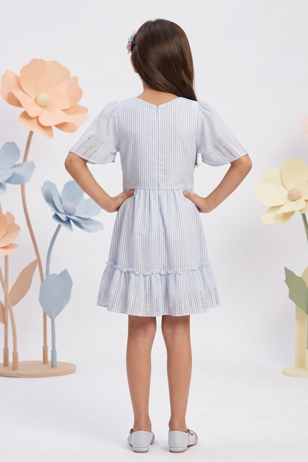 Girls Blue Stripe Fit & Flare Dress with Flutter Sleeves