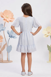 Girls Blue Stripe Fit & Flare Dress with Flutter Sleeves