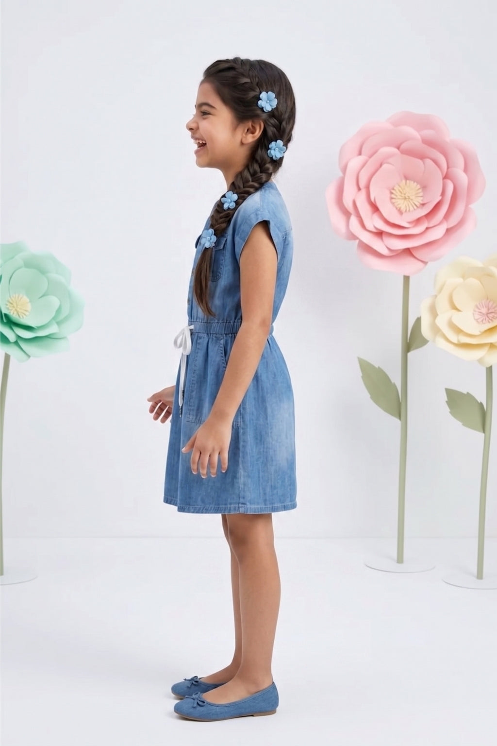 Girls Denim Buttoned Belted Dress