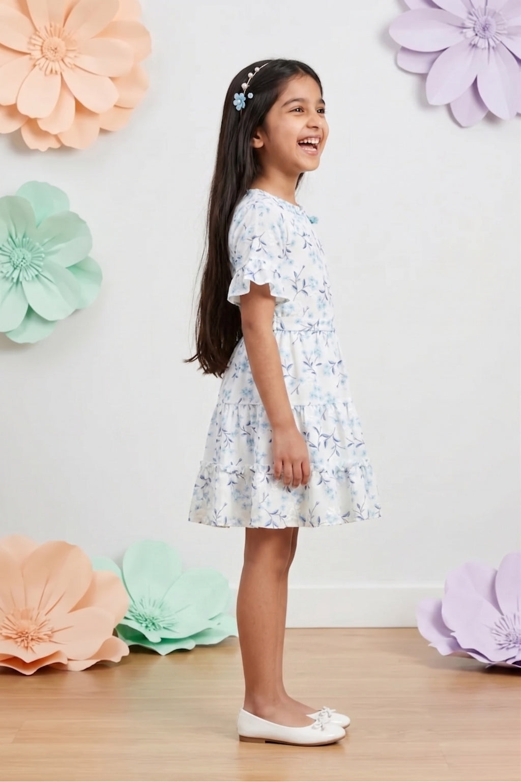 Girls Blue Half Sleeves Floral Tiered Dress