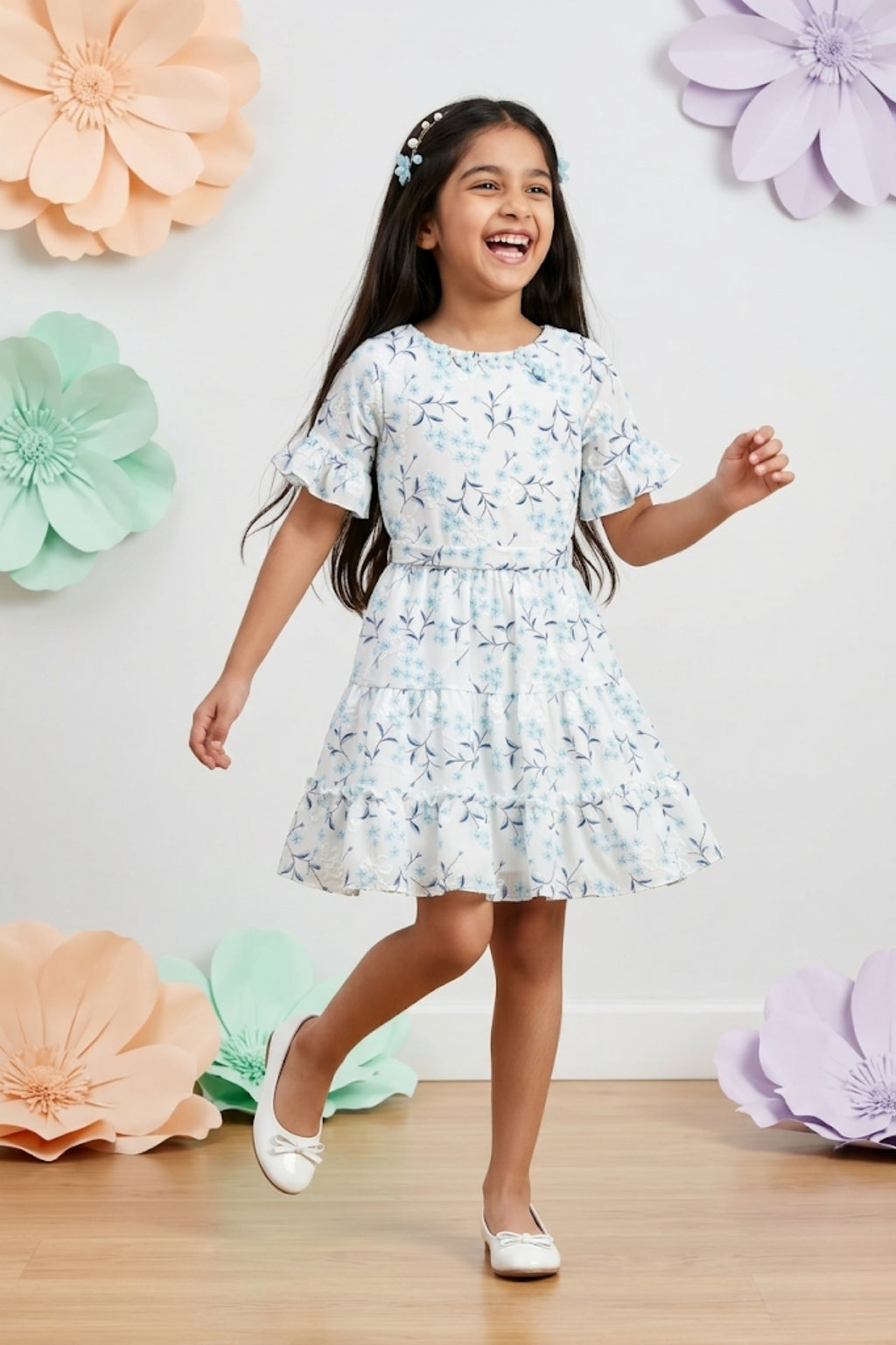 Girls Blue Half Sleeves Floral Tiered Dress