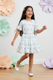 Girls Blue Half Sleeves Floral Tiered Dress