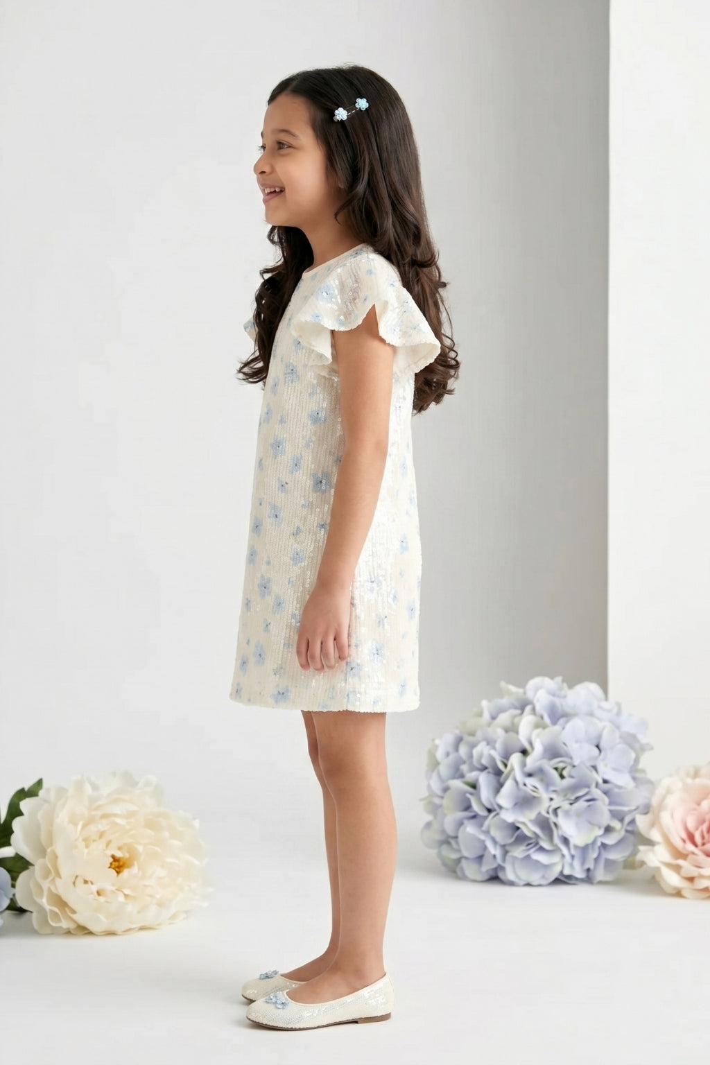 Girls Blue Sequin Party Dress with Flutter Sleeves