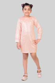 Girls Peach Self-Textured Sequin Fur Party Midi Dress