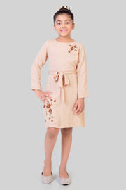 Girls Beige Floral Embroidered Regular-Fit 3/4-Sleeve Midi Dress